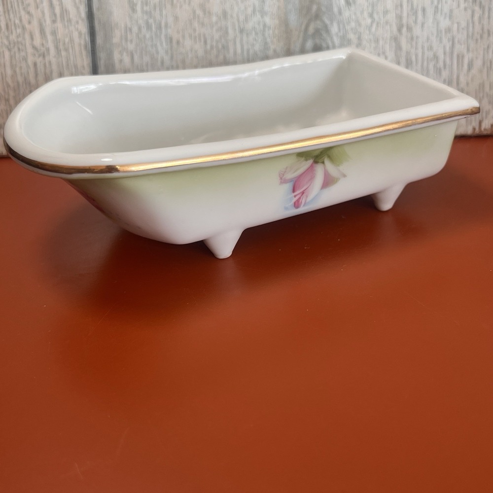 Austrian Clawfoot Bathtub Soap‎ Dish Trinket 6in White Ceramic Floral Doll VTG